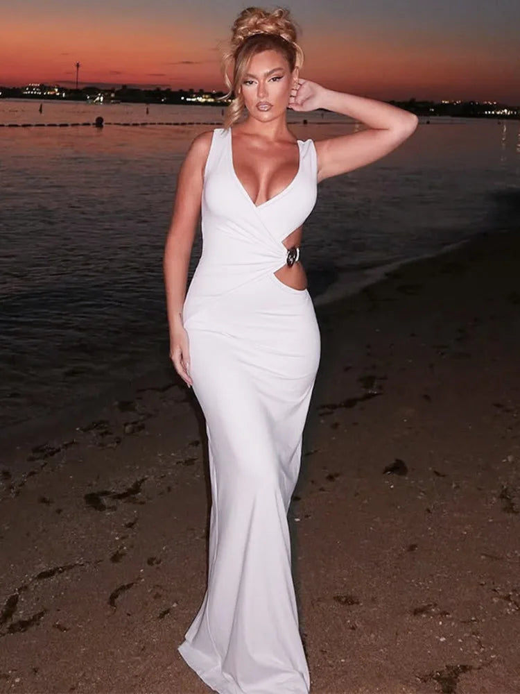 Hollow Out Backless Sexy Maxi Dress Women Gown Fashion Metal Flower V Neck Sleeveless Bodycon Club Party Long Dress