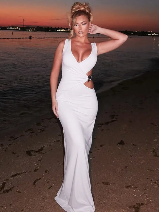 Hollow Out Backless Sexy Maxi Dress Women Gown Fashion Metal Flower V Neck Sleeveless Bodycon Club Party Long Dress