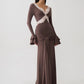 Women V‑Neck Lace Patchwork Sexy Maxi Dress Long Flare Sleeve Bodycon Mermaid Evening Dress  Party Wedding Guest Dress