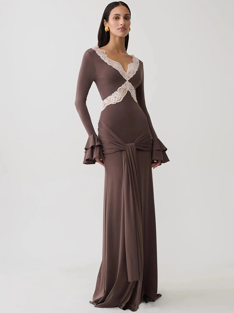 Women V‑Neck Lace Patchwork Sexy Maxi Dress Long Flare Sleeve Bodycon Mermaid Evening Dress  Party Wedding Guest Dress