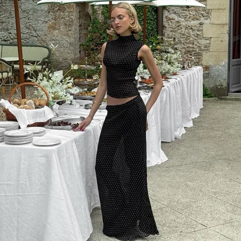 Elegant Two Piece Set for Woman Polka Dot Mesh Sheer Sleeveless Top Long Skirt Suit French Style Matching Sets