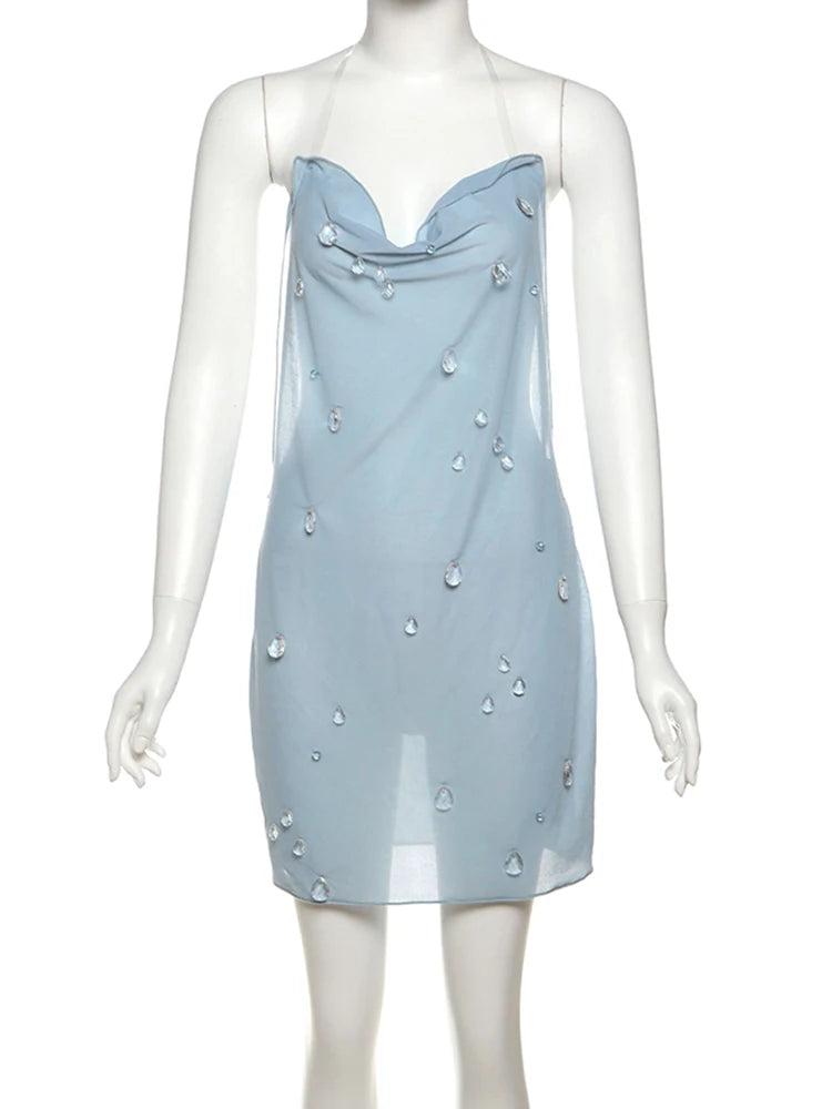 Small Raindrops Decoration Dress Women Halter Low-Neck Sexy See Through Backless Hottie Street Hipster Mini Bodycon