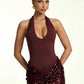 Halter Cutout Sexy Mini Dress Women Elegant Spliced Sequin Ruched Waist Bodycon Cocktail Club Evening Party Dress