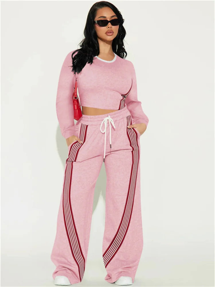 Contrast Stripe Design 2 Piece Set Women o-Neck Full Sleeve Crop Tops+Drawstring Long Pants Casual Sporty Style Suits