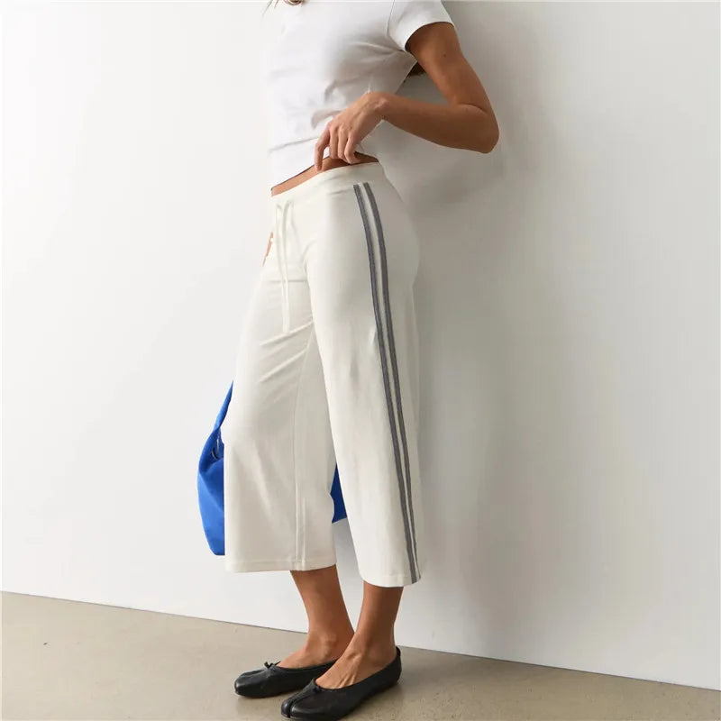 Women Y2K Side Striped Cropped Wide Leg Capri Pants Drawstring Waist Loose Sport Trousers Casual Streetwear Bottoms
