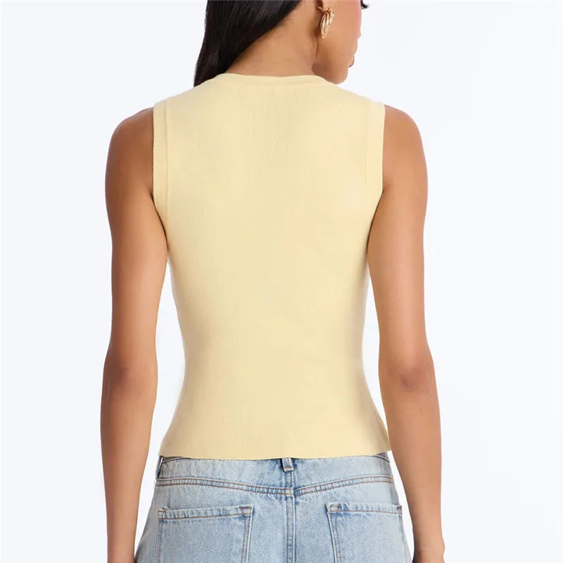 Women Slim Waist Ribbed Knit Vest Sleeveless Crew Neck Single Breasted Pocket Crop Cardigan Solid Color Y2K Streetwear