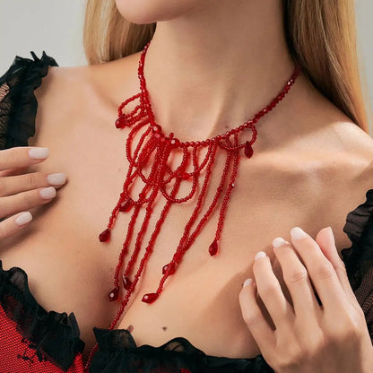 Women's Neo-Gothic Black Red Crystal Beaded Tassel Pendant Necklace Vintage Halloween Party Jewelry Accessory