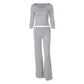 Grey Knit Matching Set Casual 2 Piece Sets Scoop Neck Top and Low-rise Pants Coords Set for Woman Fall Outfit