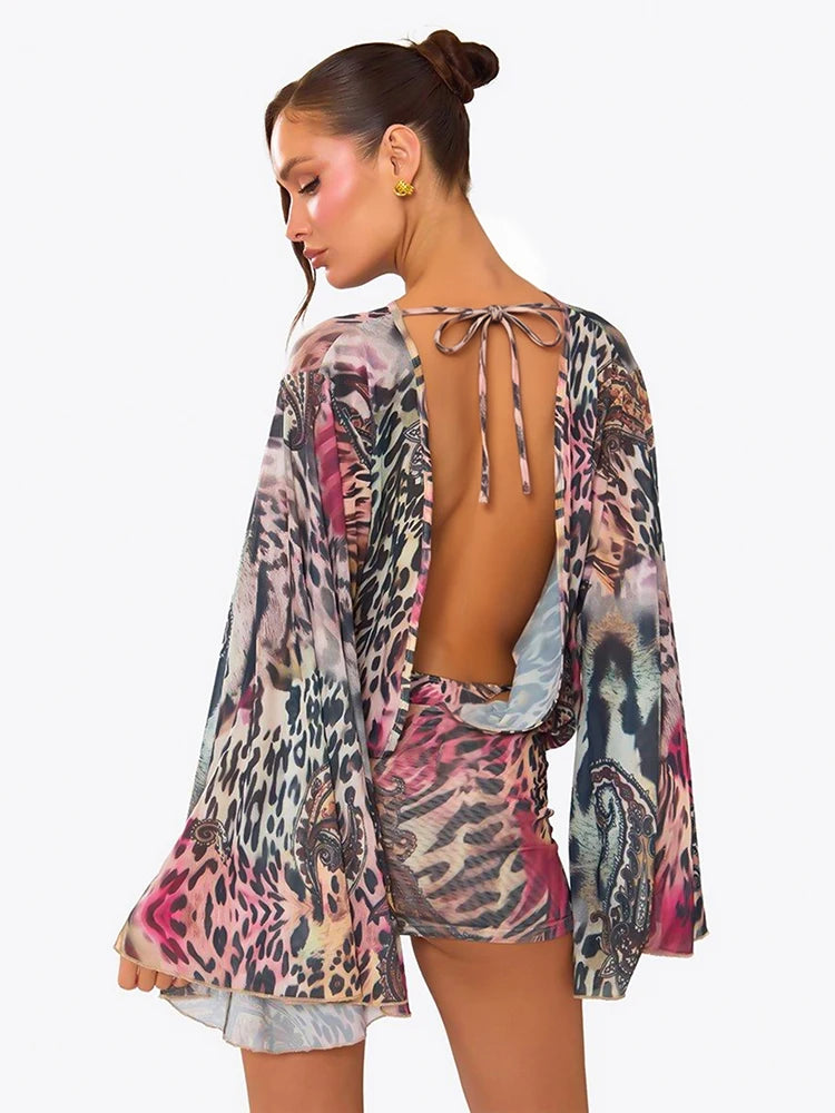 Sexy Backless Dress Women Trend Wild Colorful Print Bandages Bell Sleeves Fashion Chic Street Club Peach Hip Bodycon