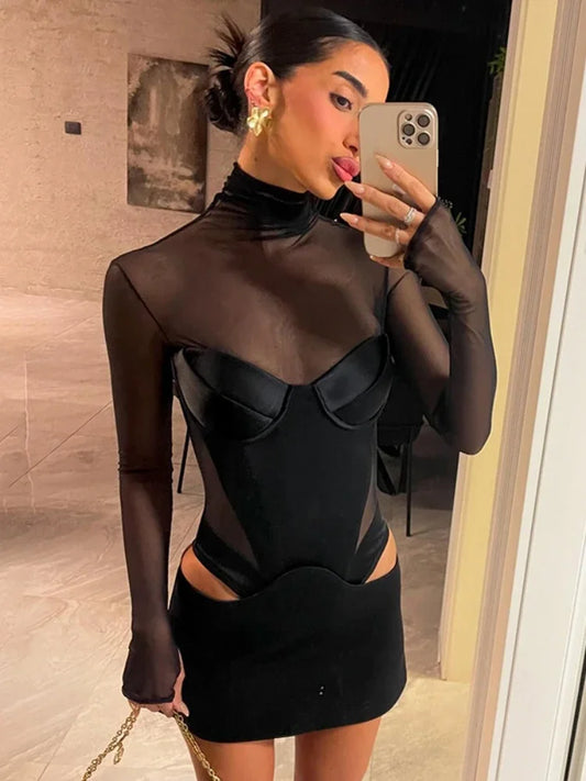 Transparent Mesh Patchwork Black Sexy Dresses for Party Club Wear Turtleneck Long Sleeve Cut Out Mini Dress