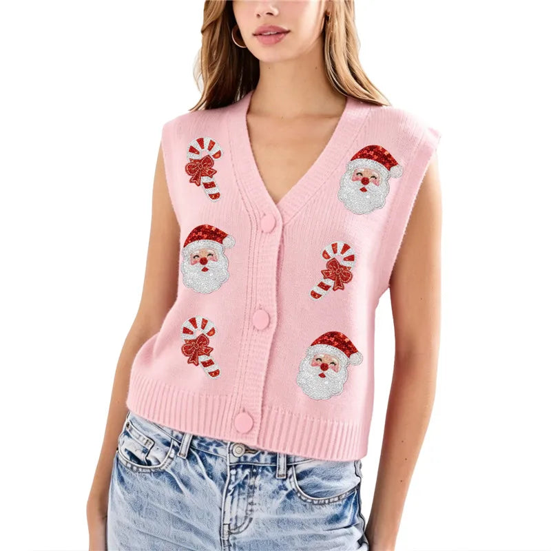 Women Xmas Sleeveless Knit Sweater Vest V Neck Button Down Cropped Waistcoat Sequin Patch Holiday Party Knit Gilet