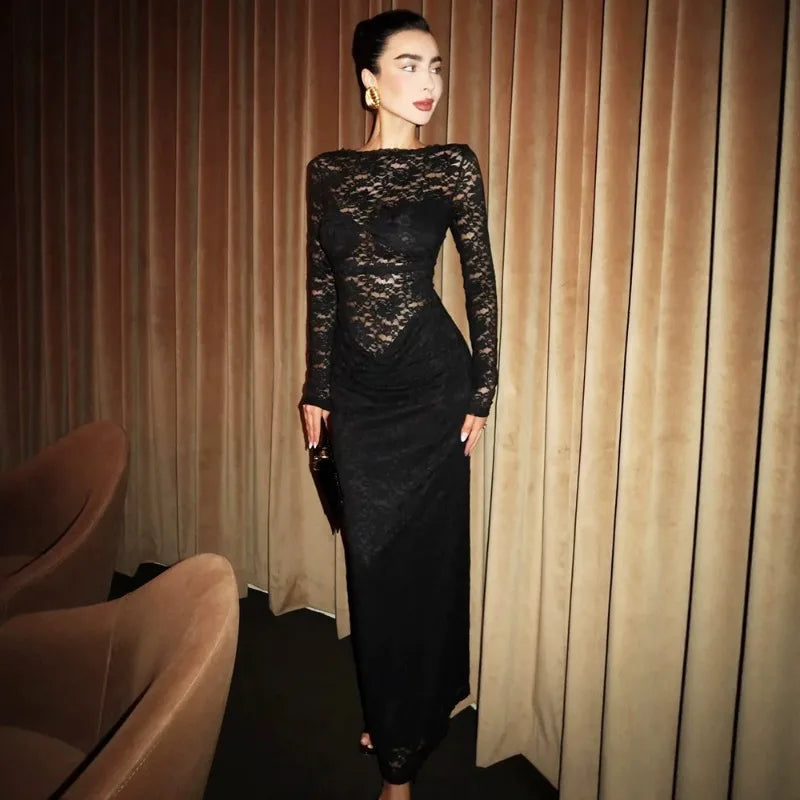 Long Sleeve Backless Maxi Dress See Through Lace Elegant Black Dresses for Woman Evening Gowns Fall 2026