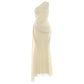 Mesh Tassel Maxi Dress Women Slanted Shoulder Folds Solid Elegant Birthday Party Vacation Summer Fashion Vestidos