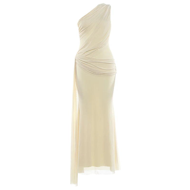 Mesh Tassel Maxi Dress Women Slanted Shoulder Folds Solid Elegant Birthday Party Vacation Summer Fashion Vestidos