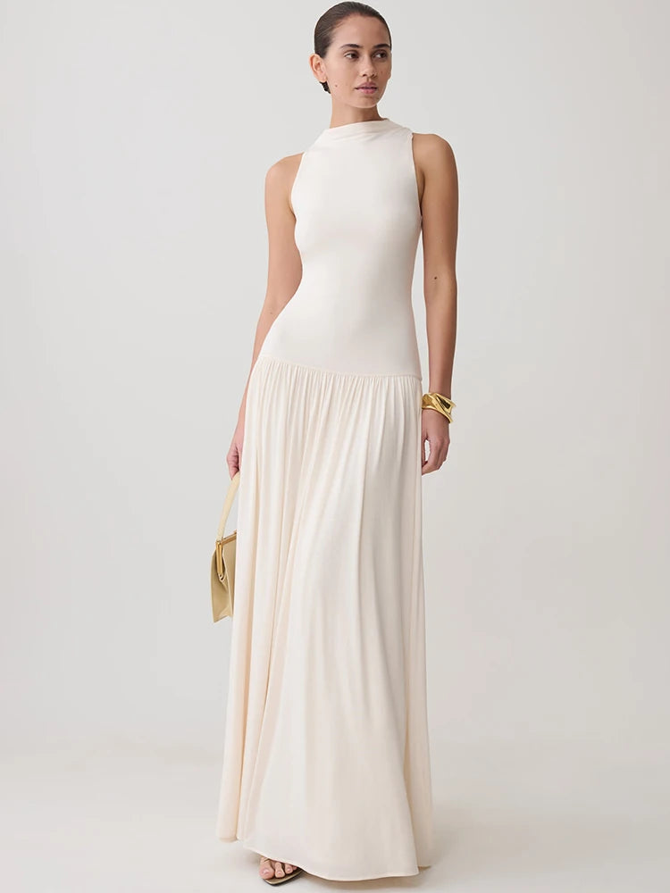 Women Sleeveless High Neck Sexy Maxi Dress Pleated Long Dress Elegant Drop Waist Club Party Evening Long Dresses