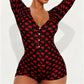 Women Sexy Bodycon Deep V Neck Trapdoor Fashion Heart Printed Long Sleeve Butt Flap Romper Valentines Pajama Playsuit