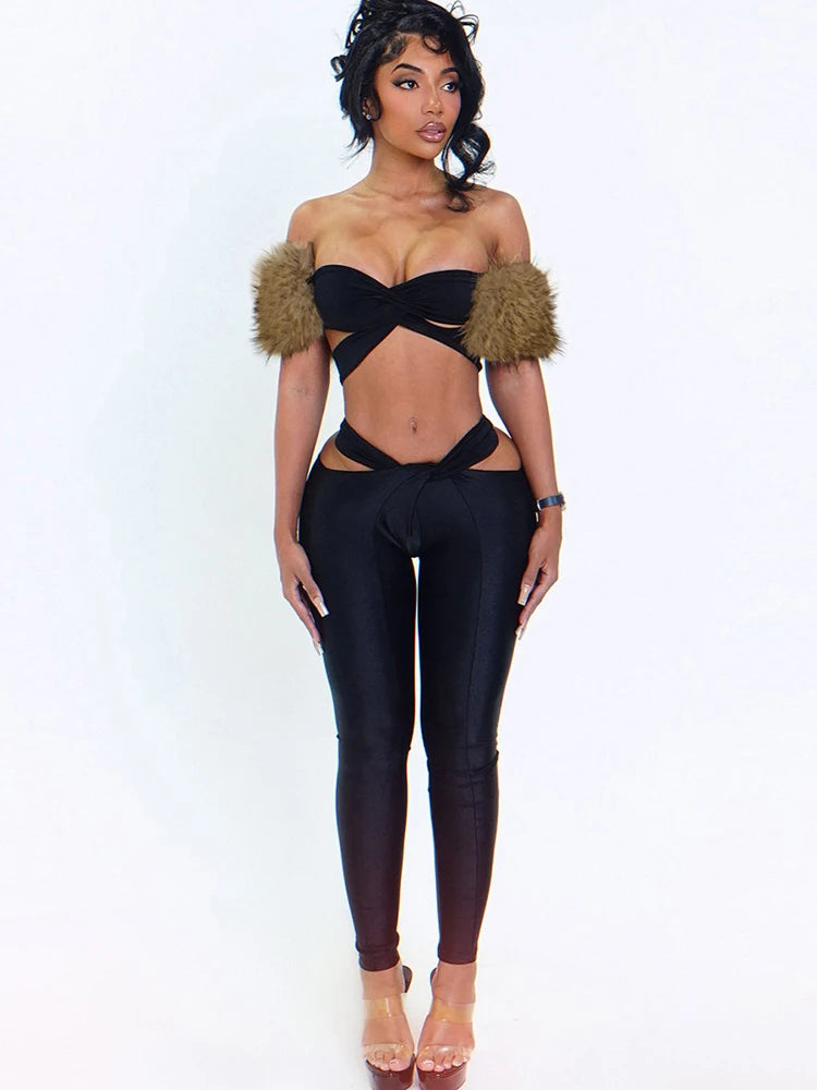 Wild Women 2 Piece Set Hollow Tracksuit Slash Neck Fur Patchwork Tops+High Waist Leggings Matching Hottie Streetwear