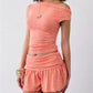 Women Heather Knit Sheer 2Piece Outfit Off Shoulder Ruched Crop Top Ruffle Fold Waist Skort Set Casual Summer Streetwear