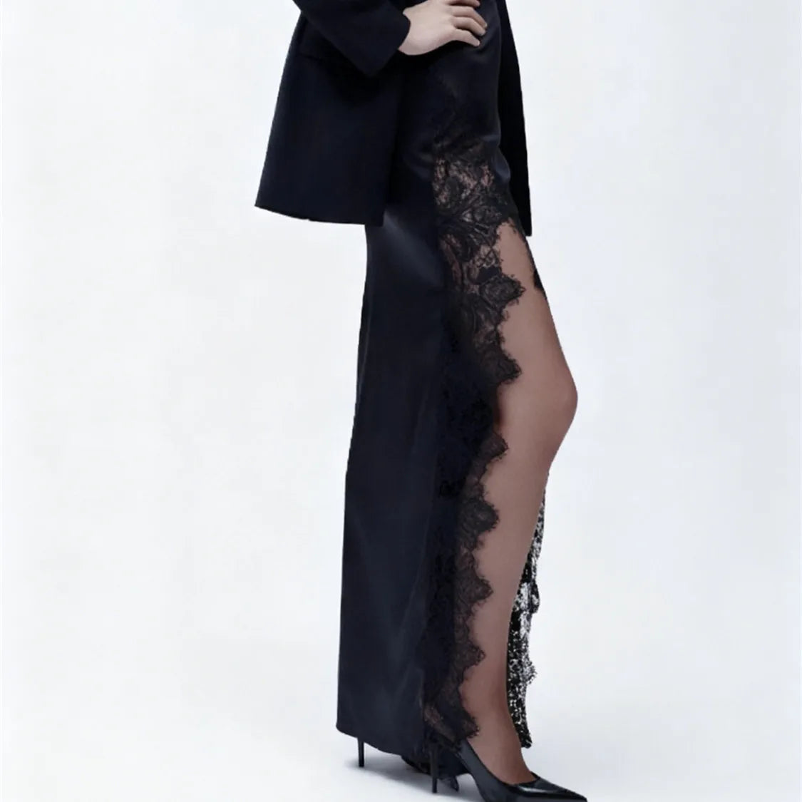 Satin Lace Trim Maxi Skirt Elegant Women's High Slit Asymmetrical Hem Silky Long Skirt Sexy Evening Party Club Outfit