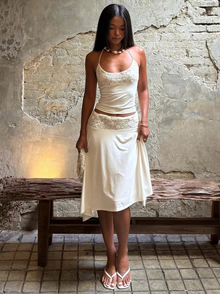 Patchwork Jacquard Simple 2-Piece Set Women Halter Bandage Backless Vest+Irregular Hem Folds Skirt Elegant Party Suit