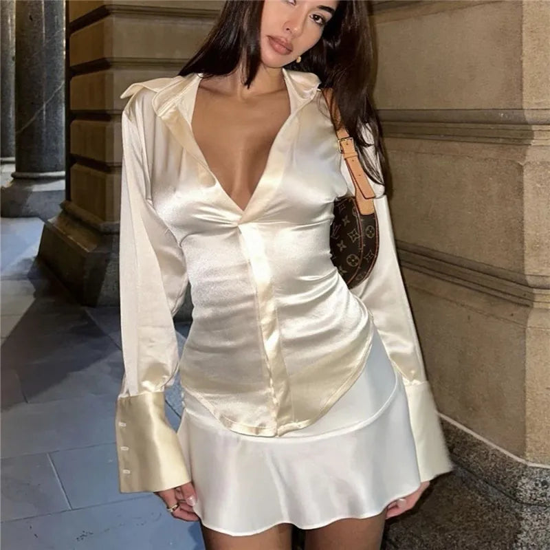 Satin Silk Waist Ruched Fitted Shirt Women Long Sleeve Lapel Collar Button Up Slim Bodycon Blouse Casual Streetwear