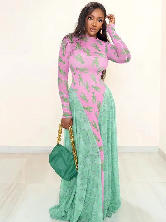 o-Neck Contrast Patchwork Long Dress Women Crayfish Print Full Sleeve See Through Hem Autumn Fashion Elegant Vestidos