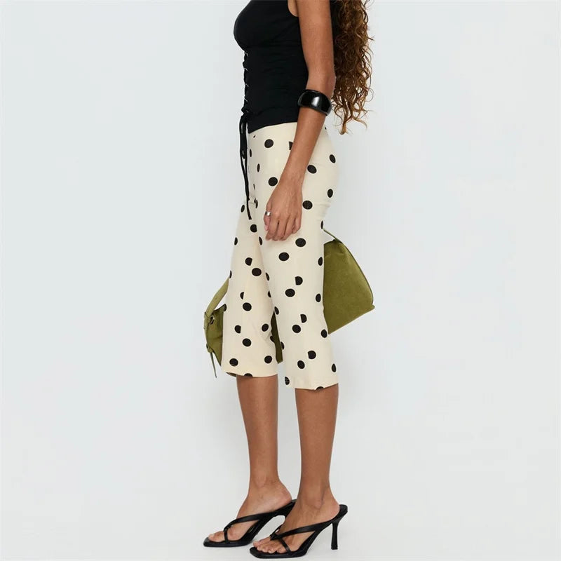 Women Y2K Polka Dot Print High Waist Cropped Pants Slim Fit Bodycon Capri Trousers Retro Streetwear Casual Daily Outfit