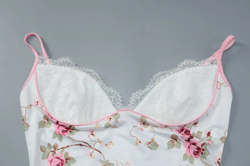 Women Floral Dresses Elegant Summer Vacation Outfits Lace Trim Deep V Neck Sleeveless Backless Long Dress