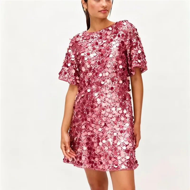 Women's Green Sequins Shift Mini Dress with Round Neck Short Sleeve Back Bow Tie Sparkly Party Club Evening Dress