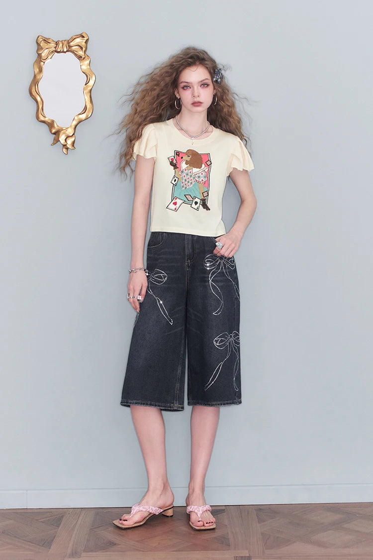 2025 Summer New Arrival Sweet Cool Faux Ice Silk Bubble Sleeve Printed Knit Sweater Women‘s’ Fit Short Sleeve Top