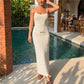 Women Summer Vacation Maxi Dress Spaghetti Strap Square Neck Textured Knit Bodycon Pencil Dress Backless Slim Long Dress