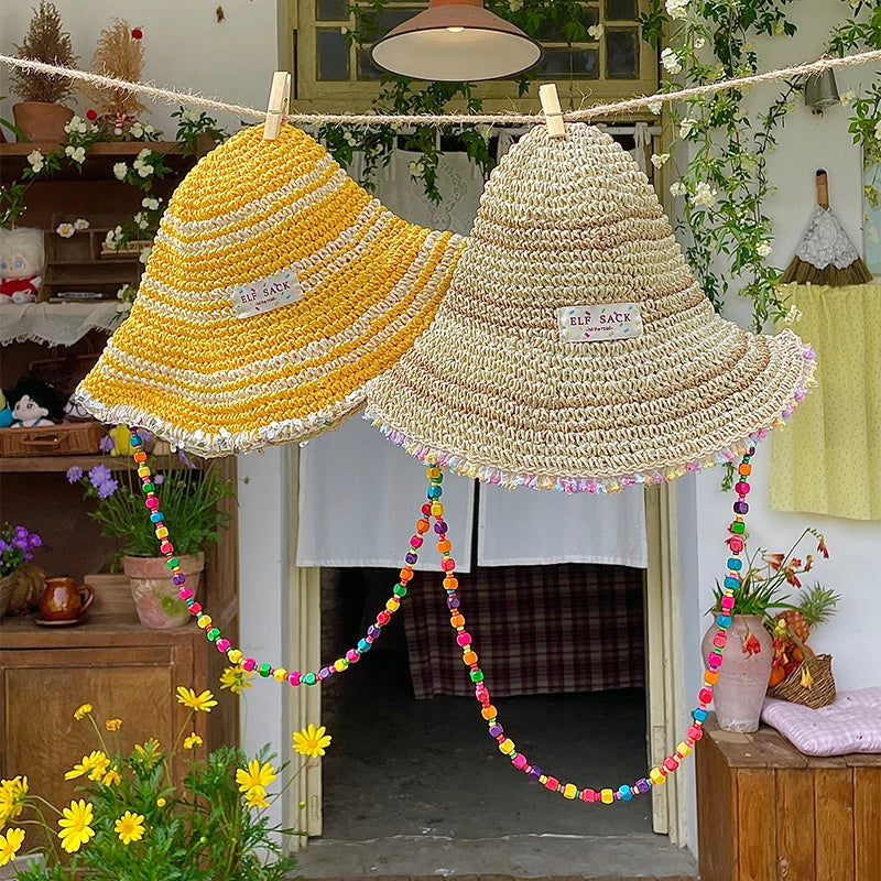 Women's Crochet Straw Bucket Hat with Colorful Bead Chain, Striped Woven Sun Hat for Summer Beach, Cute Casual Vacation