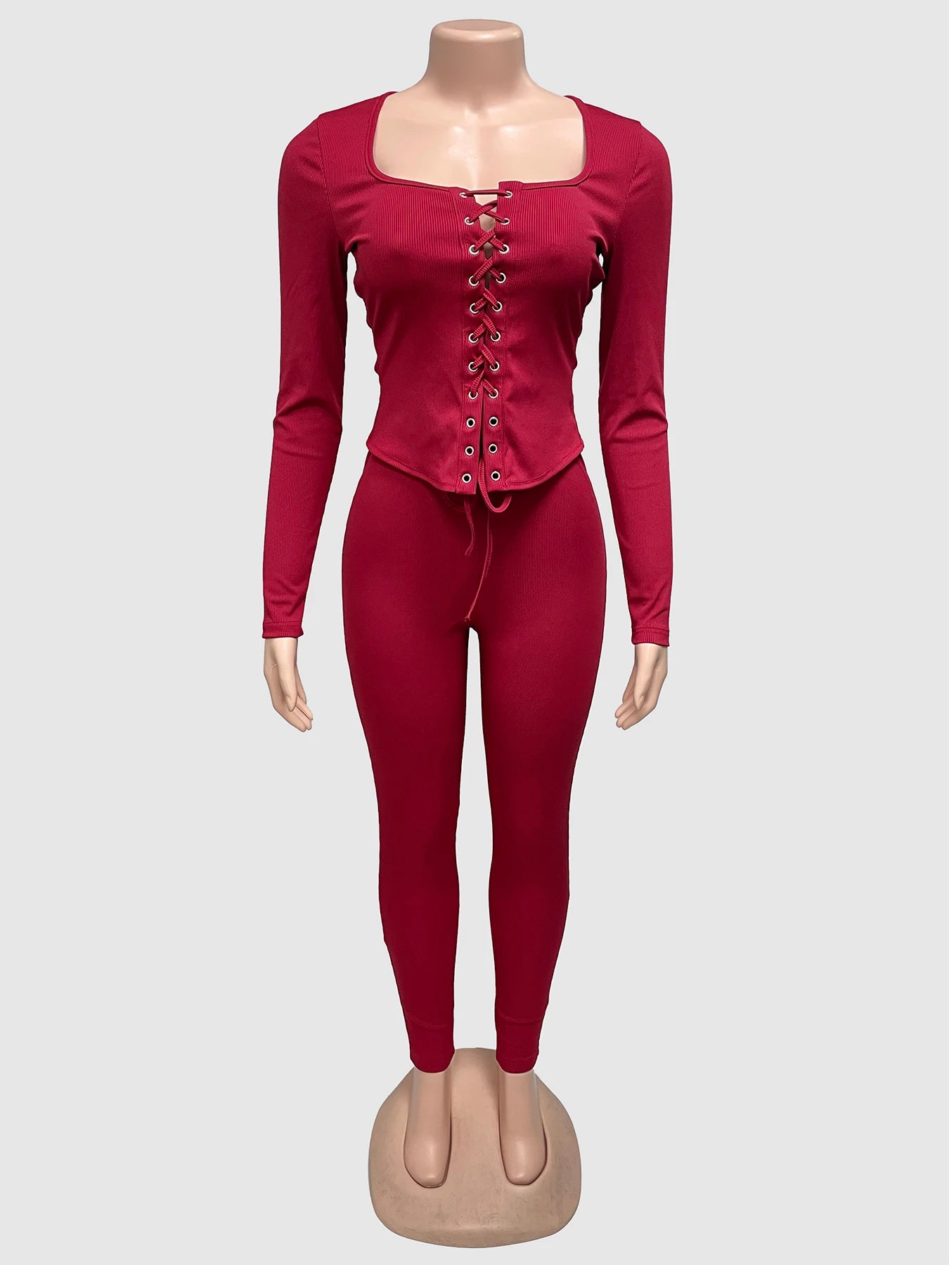 Hottie Tracksuits 2-Piece Set Women Shirring Square Collar Crop Top+Pants Matching Simple Sporty Stretch Slim Outfits
