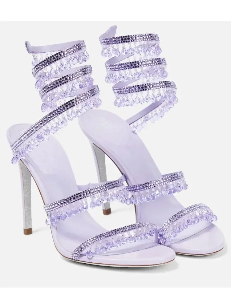 Women's New Water Diamond Sandals Fashion Tassel Crystal Shoes Sexy Banquet Party Twin Stiletto Women's Large Sandals