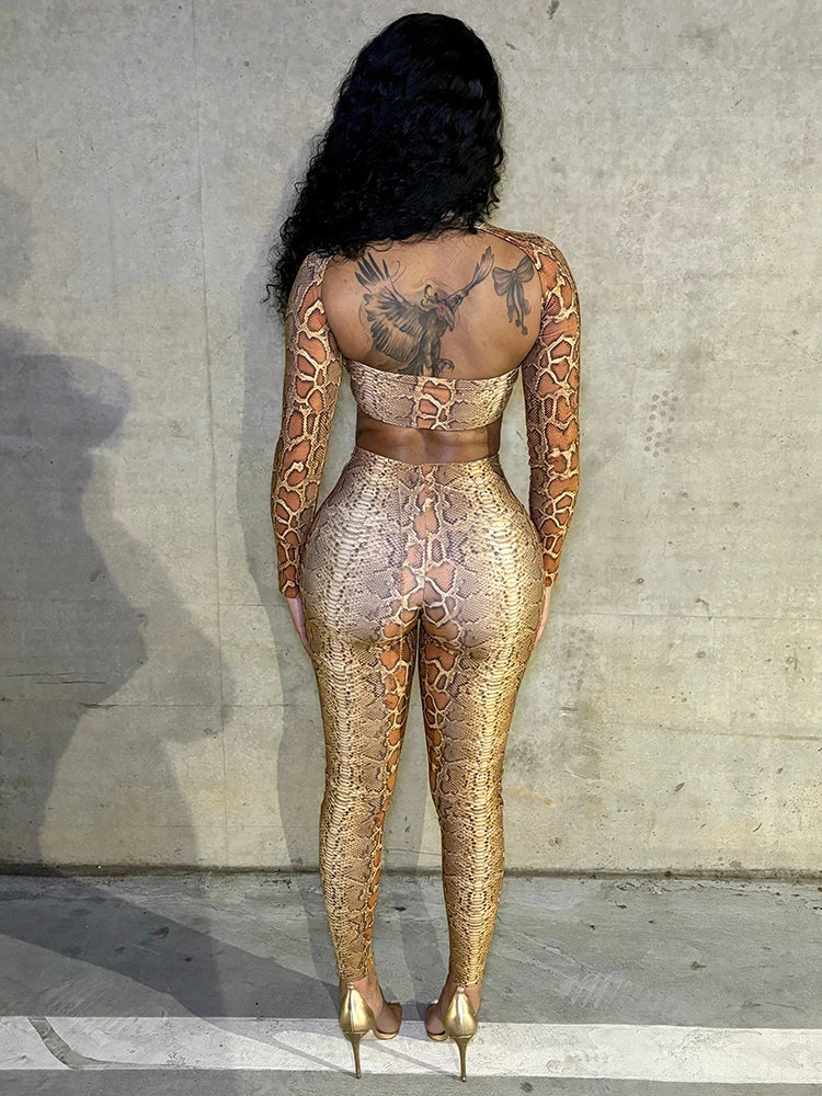 Hipster Snake Print 2-Piece Set Women Hollow Backless Chest Wrapped Crop Top+Leggings Sexy Stretch Clubwear Outfits
