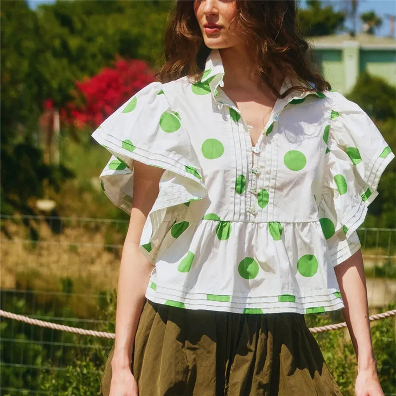 Loose Casual Short Sleeve Button up Shirts V-Neck Polka Dot Print Women's Shirt Korean Style Babydoll Blouse