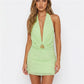 Women Halter Backless Mini Dress Deep V Waist Metal Floral Buckle Embroidery Bodycon Short Dress Summer Beach Vacation