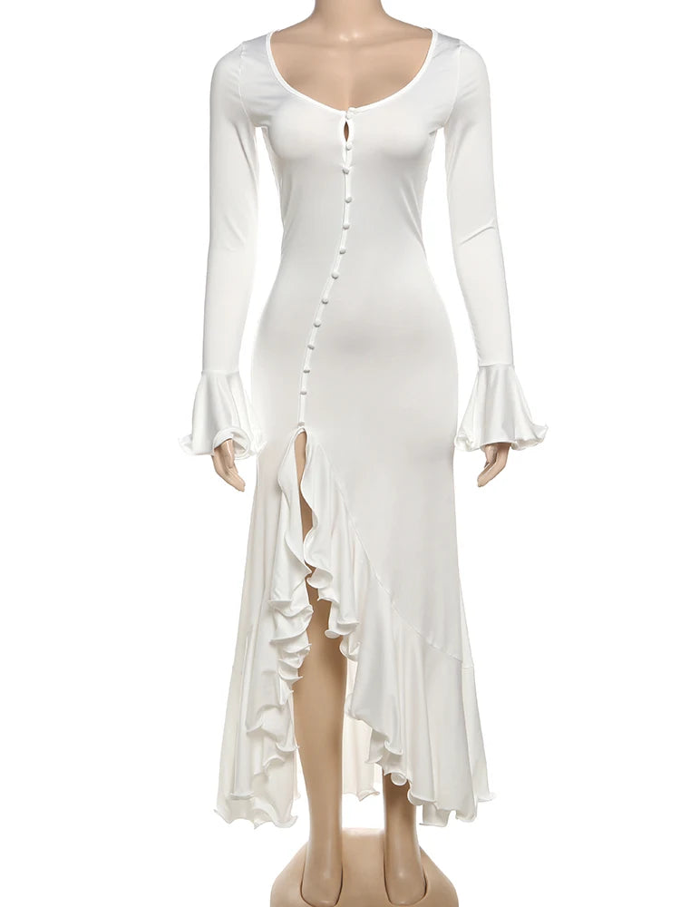 Elegant Women Dress Single-Breasted Irregular Split Ruffles Full Sleeve Autumn Trend Low-Neck Banquet Party Vestidos