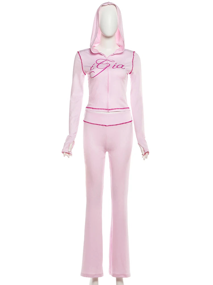 Casual Autumn Trend 2 Piece Set Woman Letter Print Full Sleeve Hooded Zip Jacket+Straight Trousers Street Fashion Outfits