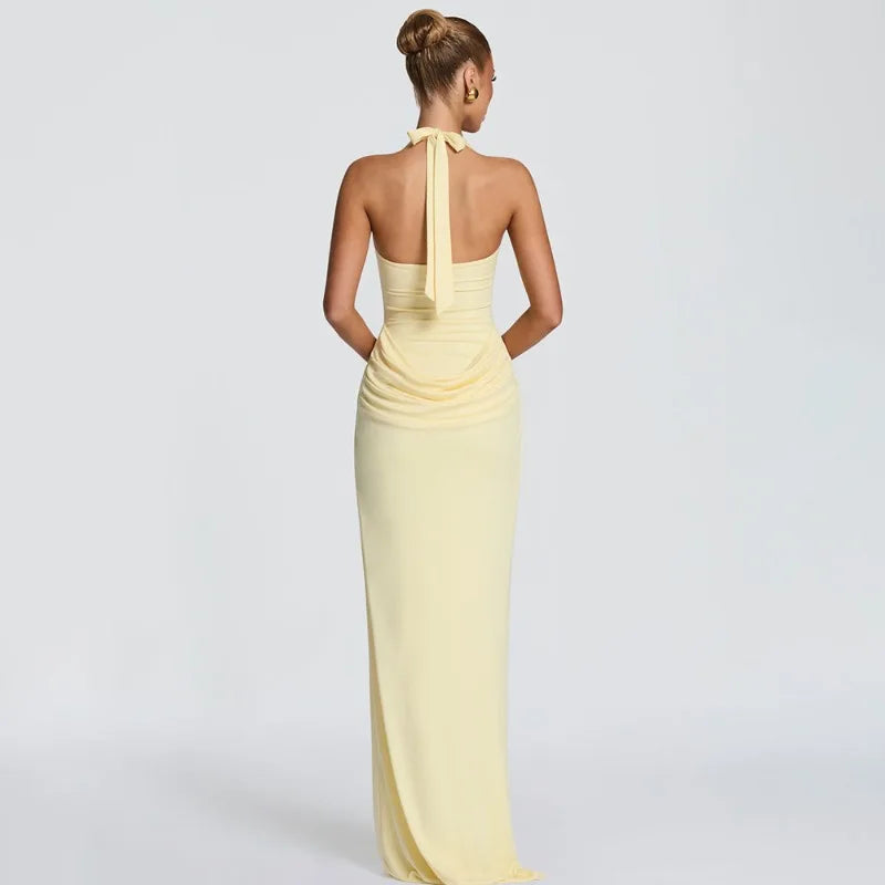 Halter Backless Ruched Maxi Dress Evening Gown Brown Classy Dresses for Woman Elegant Wedding Guest