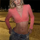 Women Long Sleeve Crop T Shirt Deep V Wrap Front Single Button Padded Bust Puff Shoulder Slim Waist Casual Streetwear
