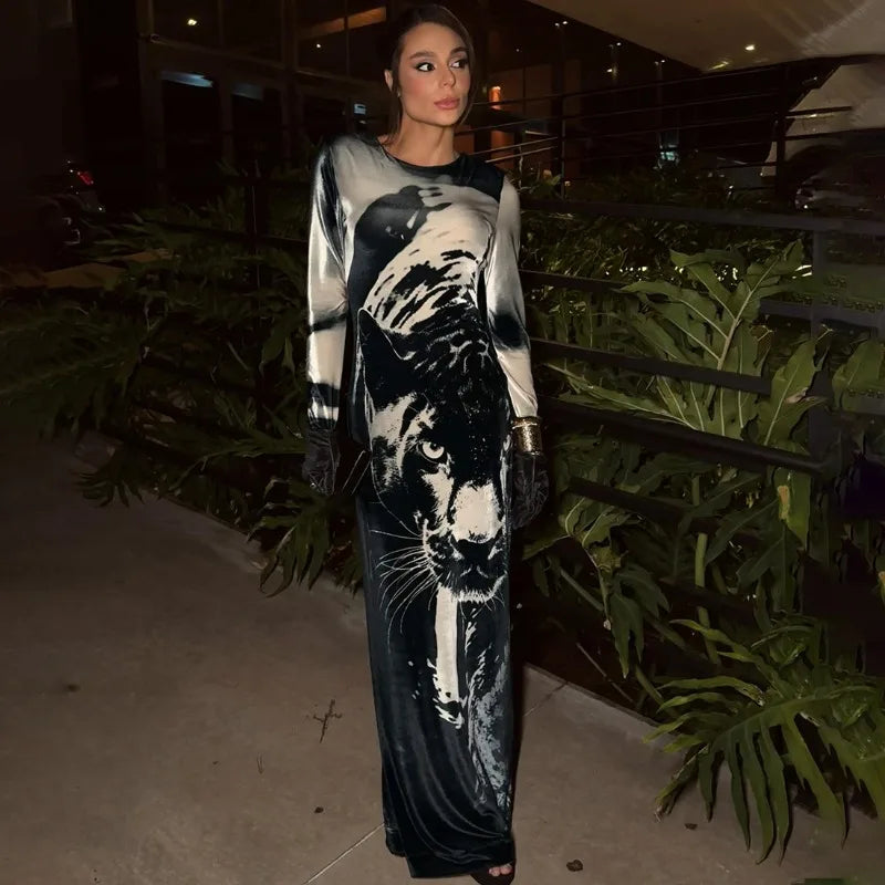 Animal Printed Black Dress Woman Elegant Crew Neck Long Sleeve Maxi Dresses Fall Fashion 2025