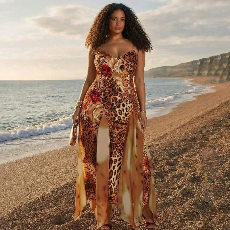 Leopard Print Mesh Splicing Sleeveless Maxi Dress Woman Fashion 2026 Sexy Summer Dresses