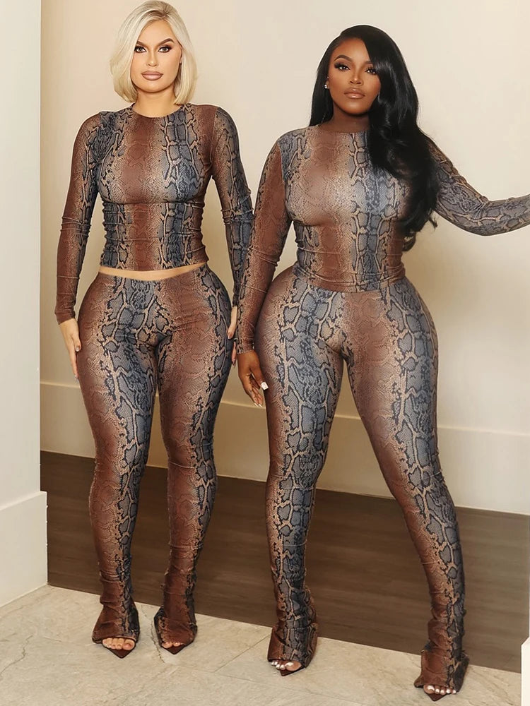 Hot Girls Serpentine Print 2Piece Set Woman o-Neck Full Sleeve Tops+Skinny Peach Hip Long Pants Street Sexy Fashion Suits