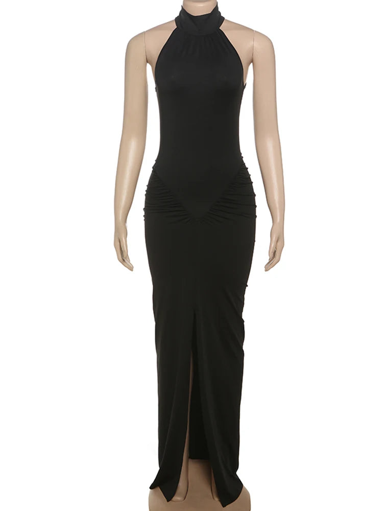 Peach Buttocks Dress Women Halter Pleated Solid Slim Slit Sexy Elegant Sleeveless Midnight Clubwear Party Vestidos