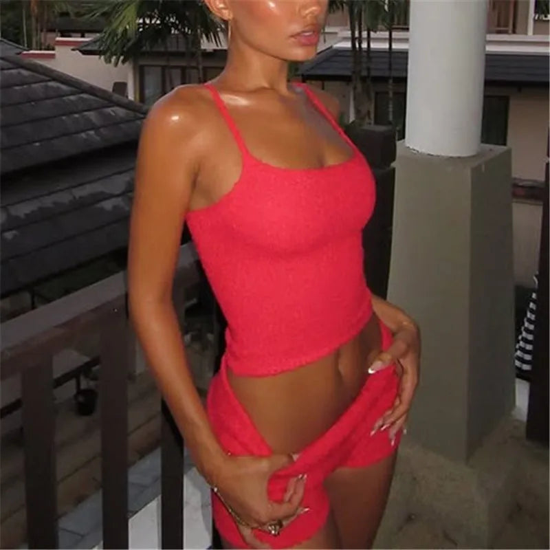 Retro Foldover Waist Two Piece Set Women Textured Knit Cami Top and Booty Shorts Y2K Streetwear Preppy Party Clubwear