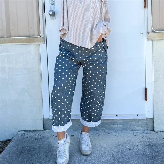 Women Retro Dots Print Cropped Cargo Pants High Waist Multi Pocket Loose Straight Leg Trousers Street Casual Bottoms