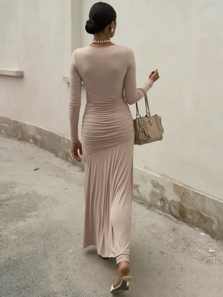 Long Sleeve Ruched Sexy Maxi Dress Women Autumn Winter Fashion O Neck High Waist Bodycon Club Party Long Dress Elegant