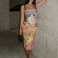 Sexy Colorful Print Dress Women Fashion Square Collar Sleeveless Hottie Trend Chic Midnight Street Club Party Bodycon