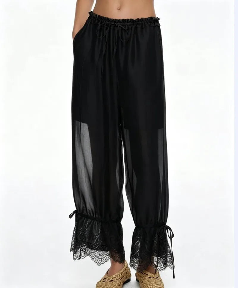 Women Boho Sheer Loose Harem Pants Drawstring Elastic Waist Lace Ruffle Hem Casual Beach Cover Up Trousers With Pockets